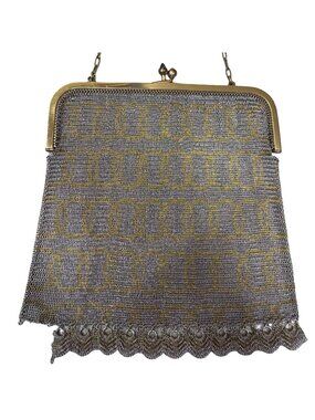 Antique Gold & Silver Mesh Evening Purse Ornate Frame Interlocking Rings  READ